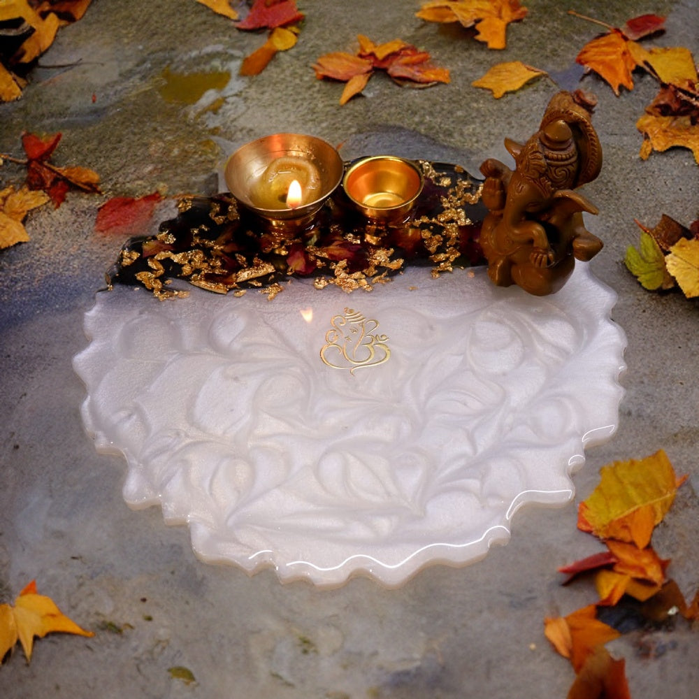 Resin Pooja Plate - White with Rose leaves