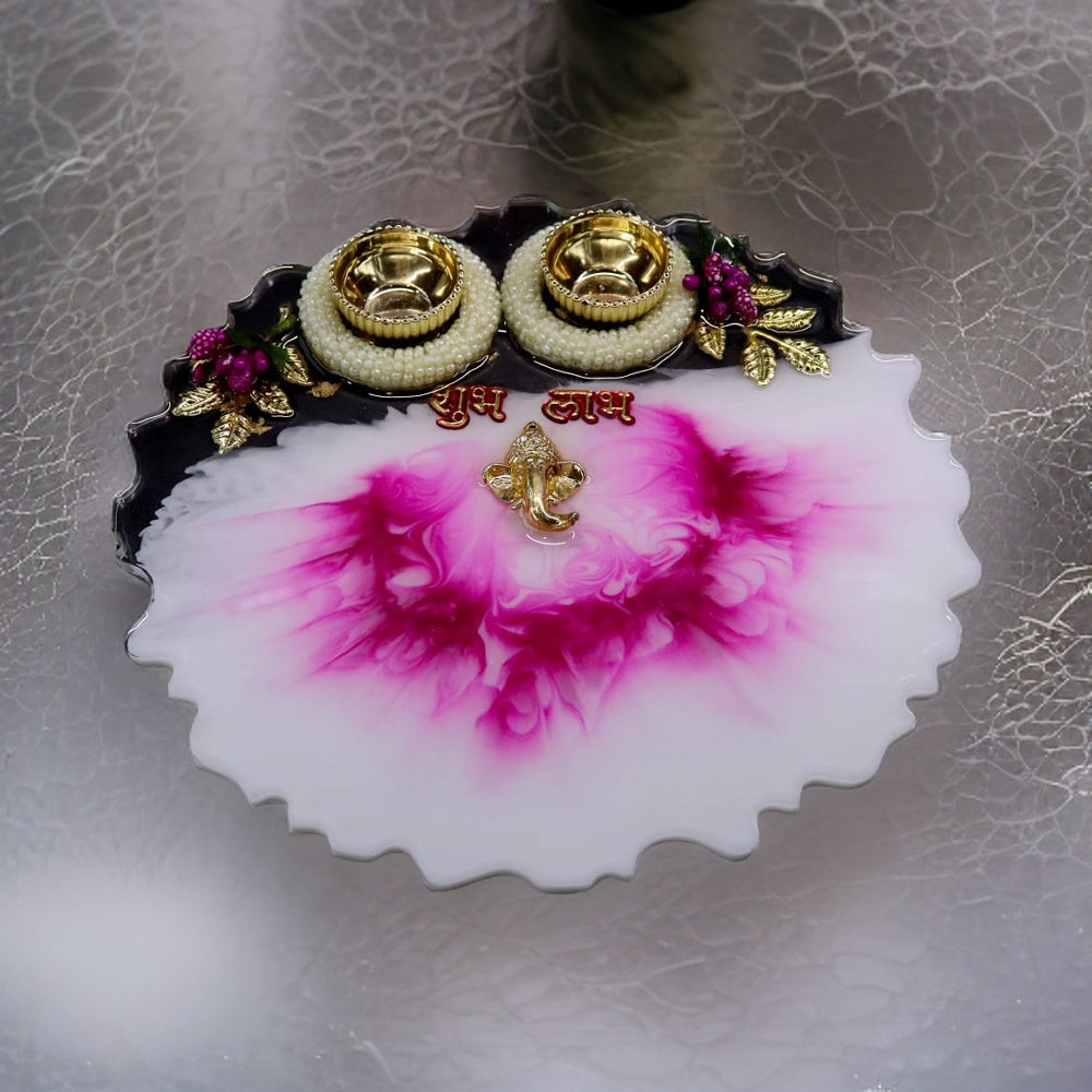 Resin Pooja Plate - White and Pink