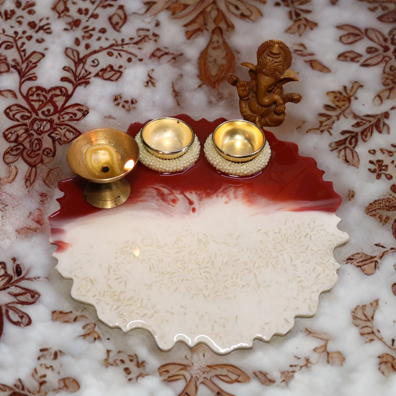 Resin Pooja Plate - Red and White