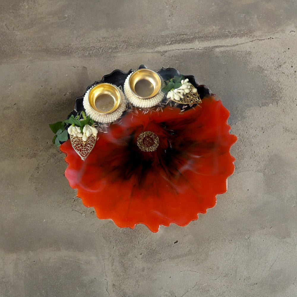 Resin Pooja Plate - Red with white flowers