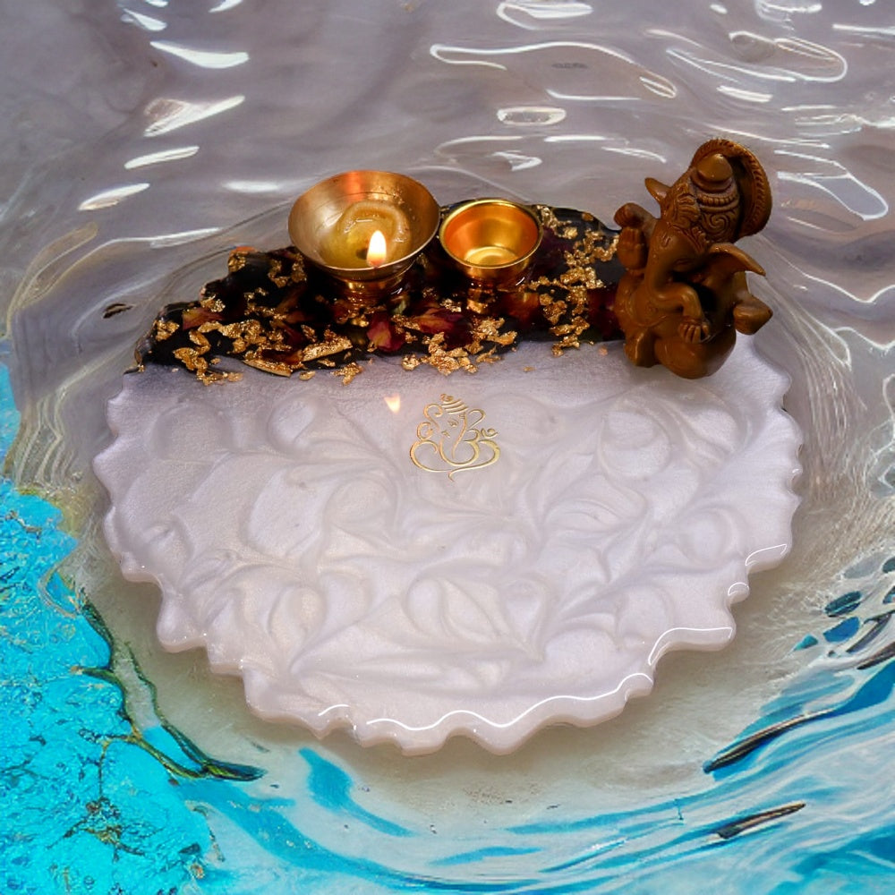 Resin Pooja Plate - White with Rose leaves