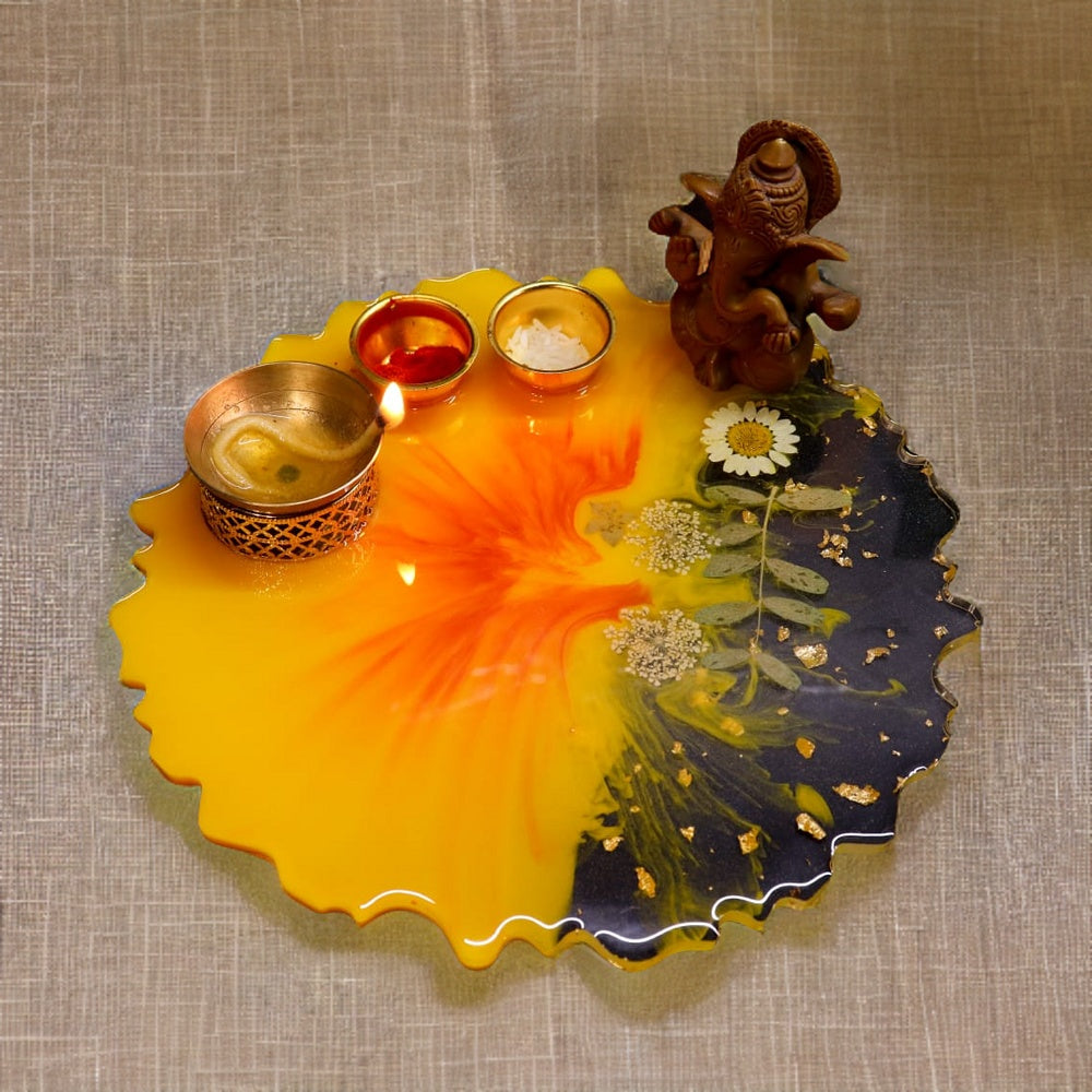 Resin Pooja Plate - Yellow with flower effect