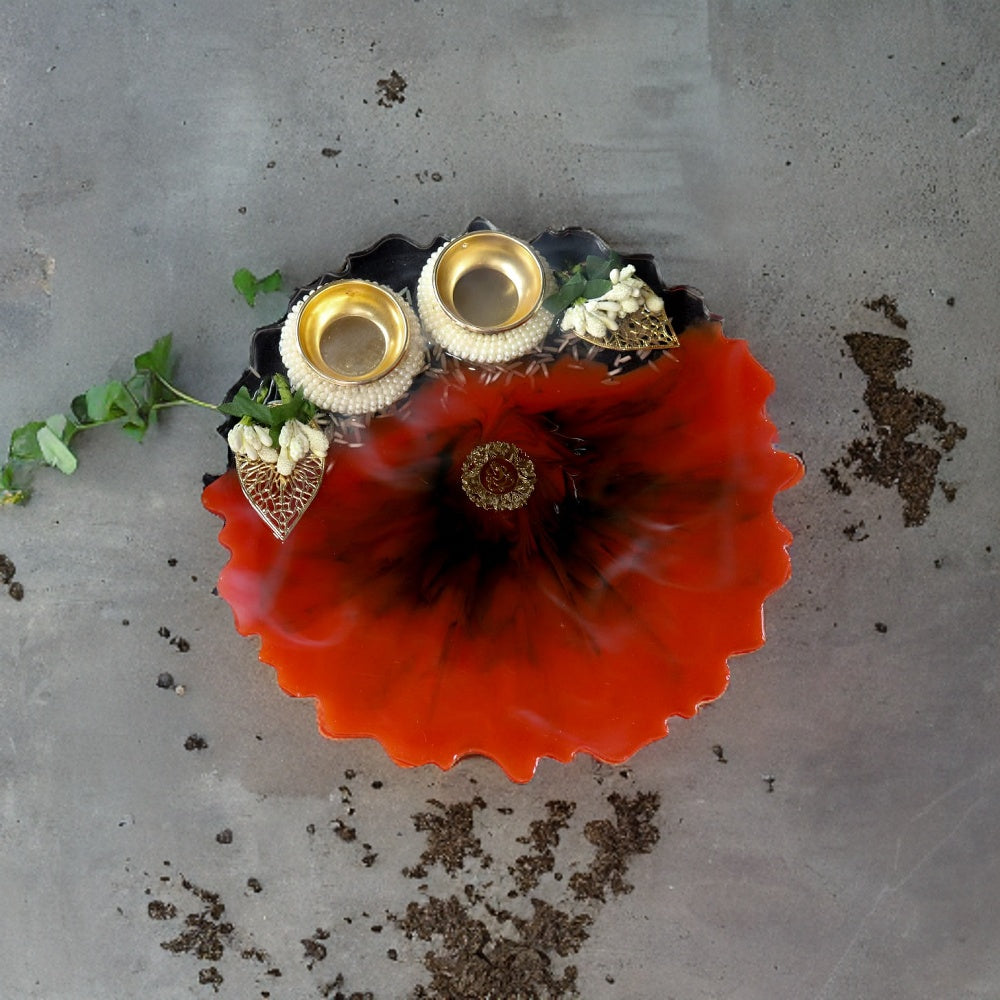 Resin Pooja Plate - Red with white flowers