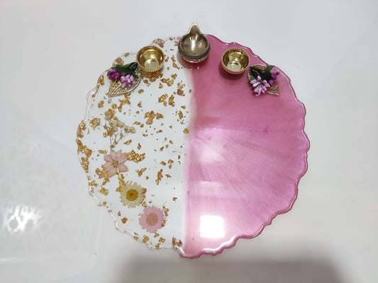 Resin Pooja Plate - Pink with Flowers