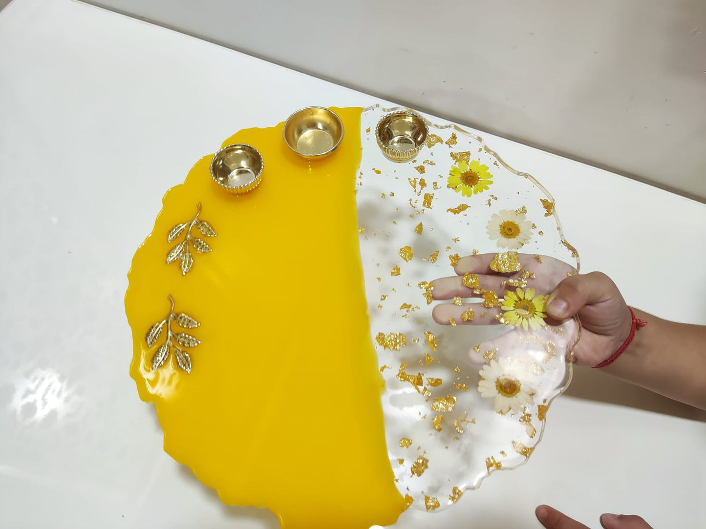 Resin Pooja Plate - Yellow with Flowers