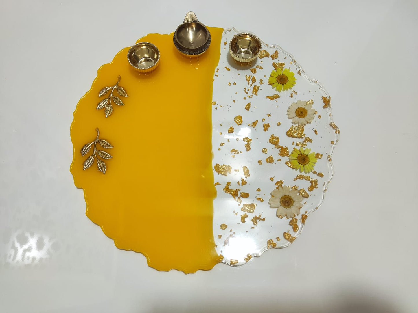 Resin Pooja Plate - Yellow with Flowers