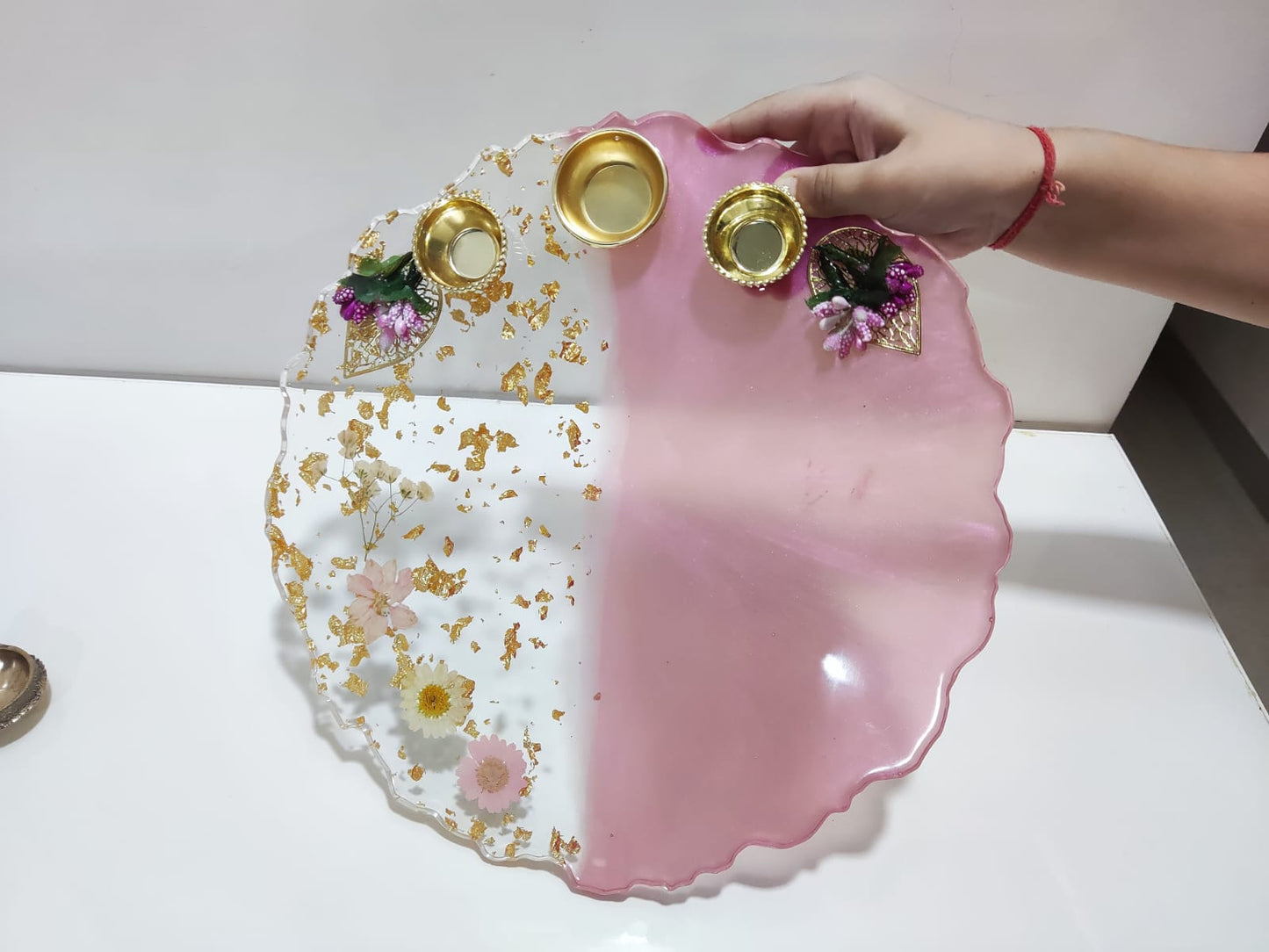 Resin Pooja Plate - Pink with Flowers