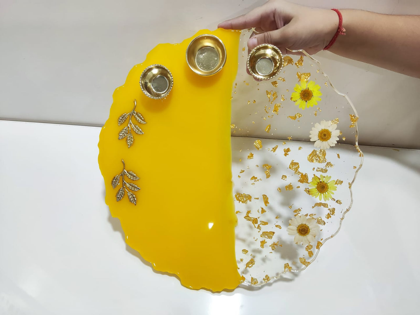 Resin Pooja Plate - Yellow with Flowers