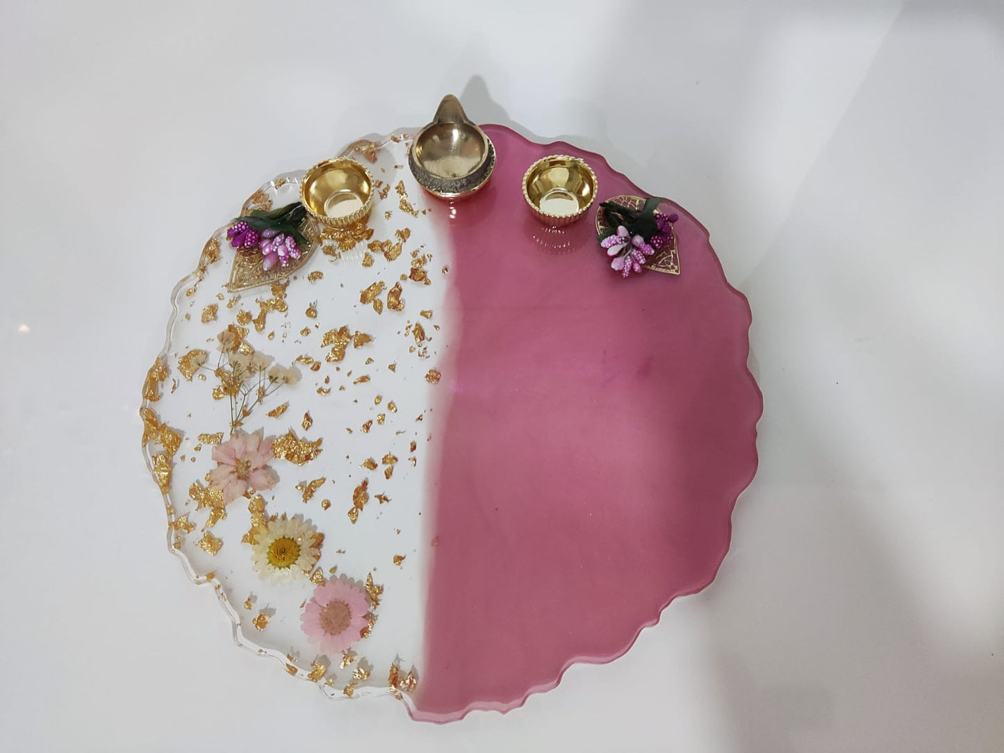 Resin Pooja Plate - Pink with Flowers