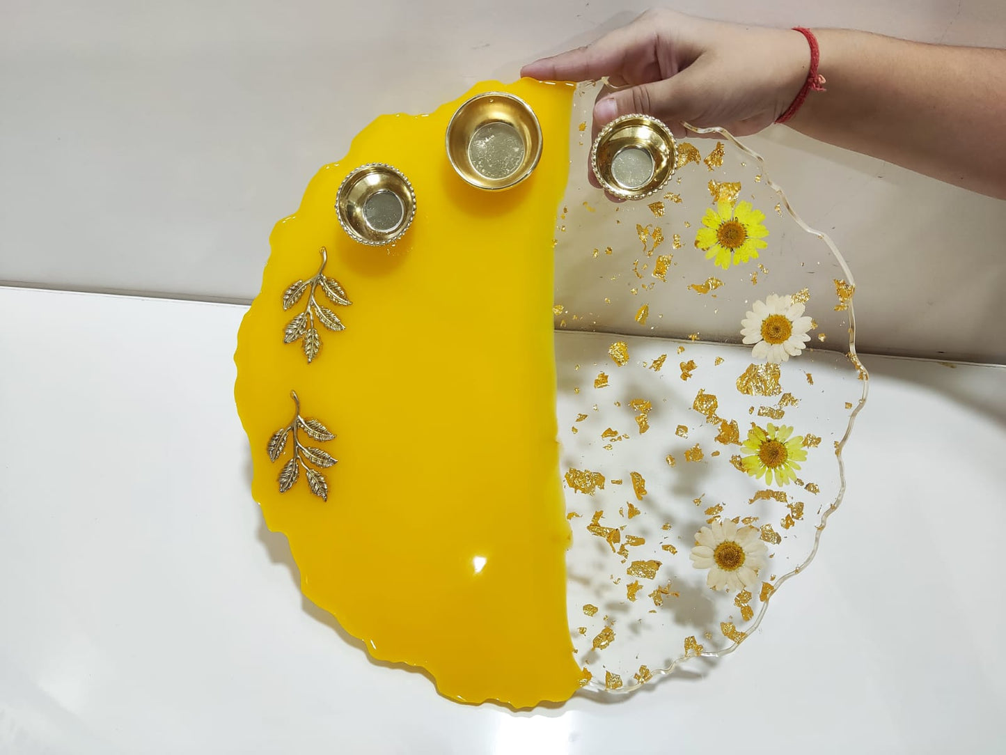 Resin Pooja Plate - Yellow with Flowers