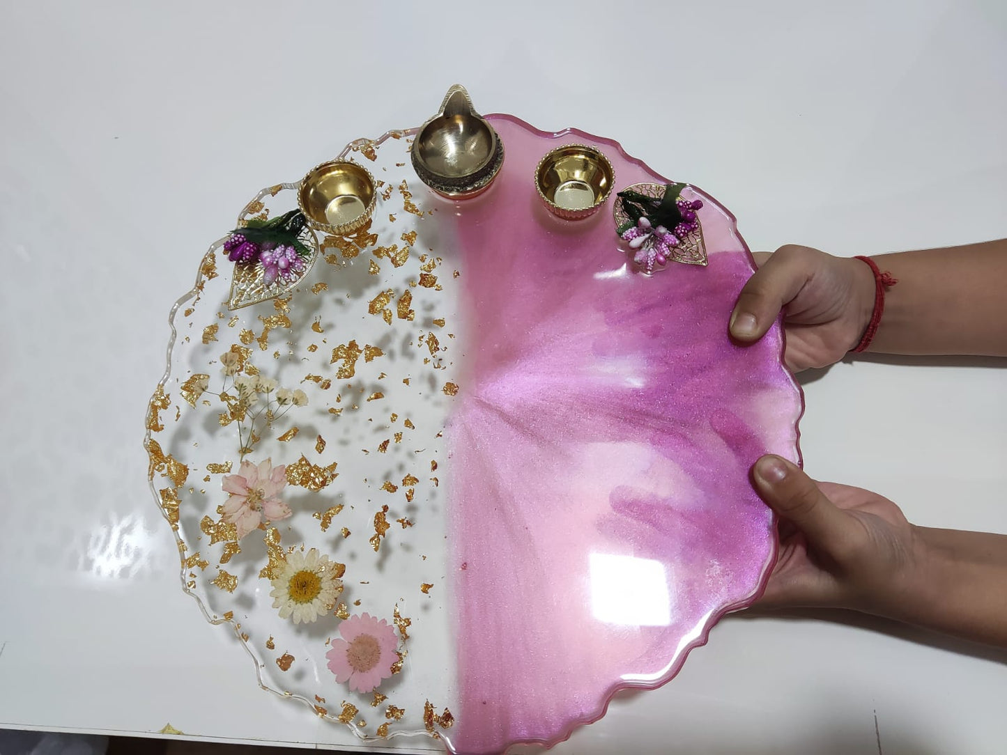 Resin Pooja Plate - Pink with Flowers