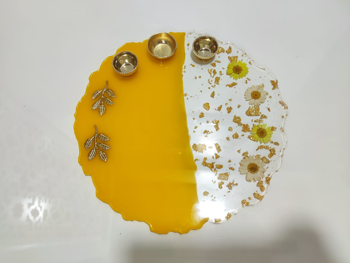 Resin Pooja Plate - Yellow with Flowers