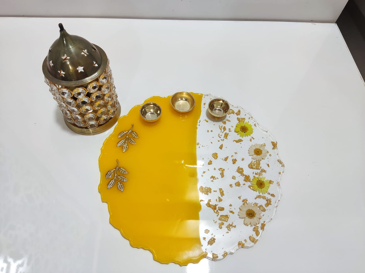 Resin Pooja Plate - Yellow with Flowers