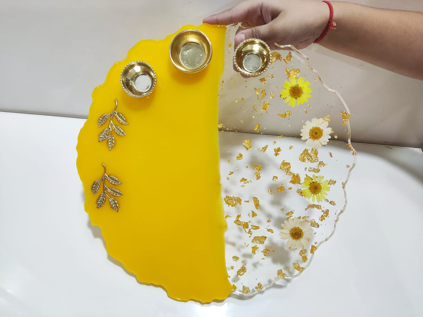 Resin Pooja Plate - Yellow with Flowers